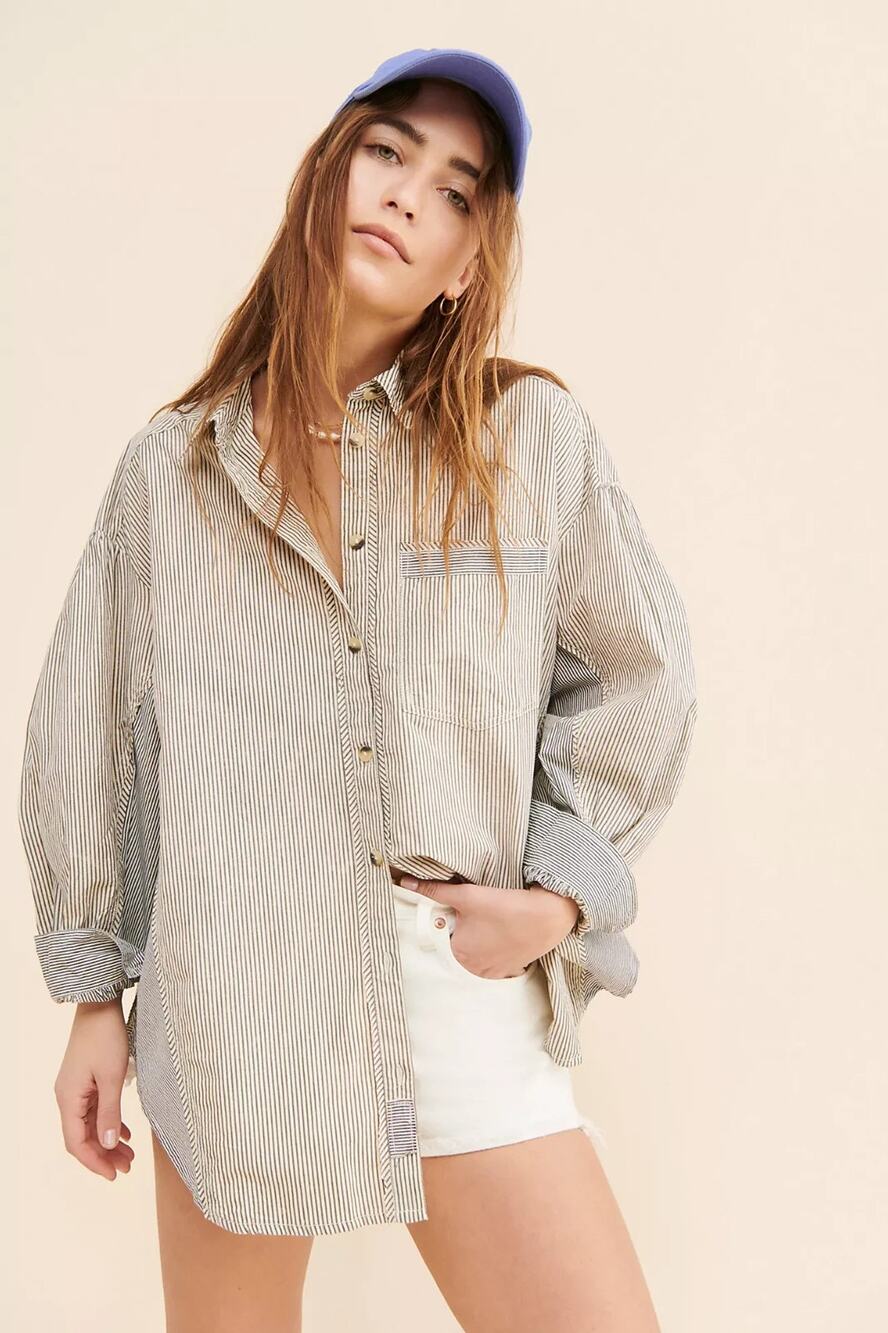 Free People We The Free Happy Hour Oxford Striped 100% Cotton Button down Sz M
